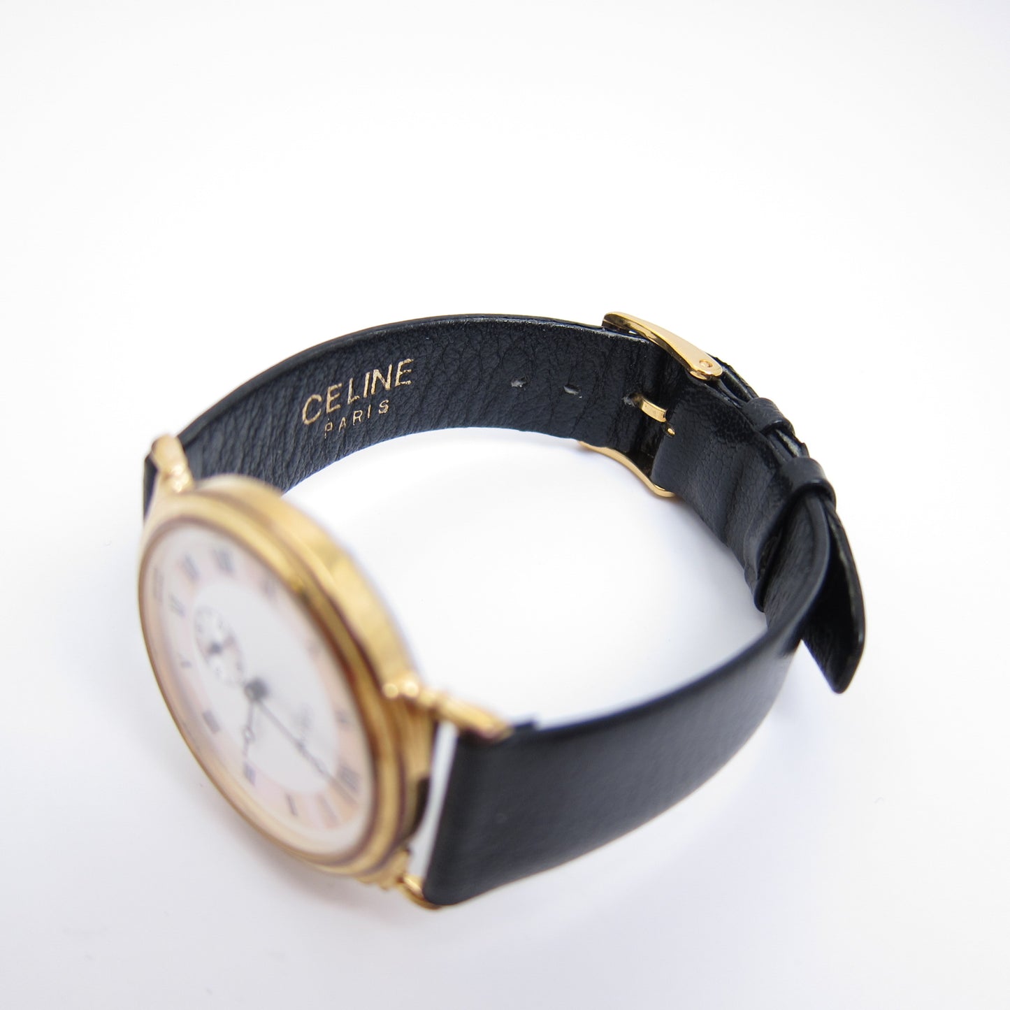 Celine Vintage Round White and Shell Pearl Face with Black Leather Strap Watch