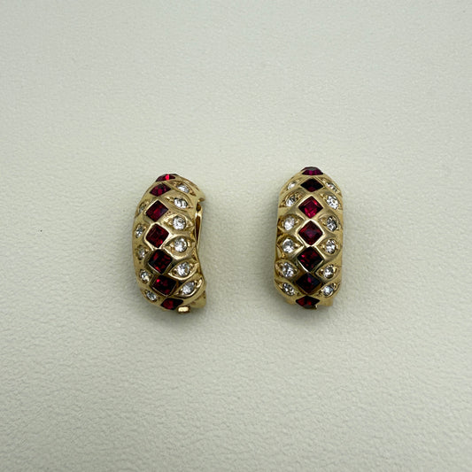 Christian Dior Vintage Red and White Rhinestone Golden Clip-on Earrings