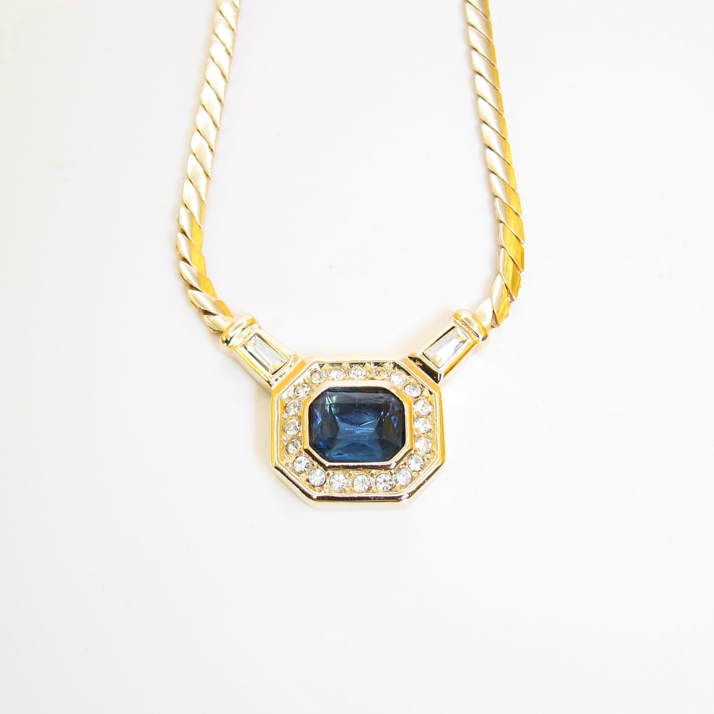 Christian Dior Vintage Octagon Blue Stone and Rhinestone Golden Necklace