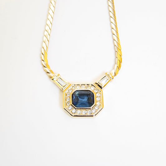 Christian Dior Vintage Octagon Blue Stone and Rhinestone Golden Necklace