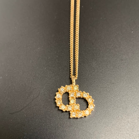 Christian Dior Vintage CD Logo with Rhinestone Golden Necklace