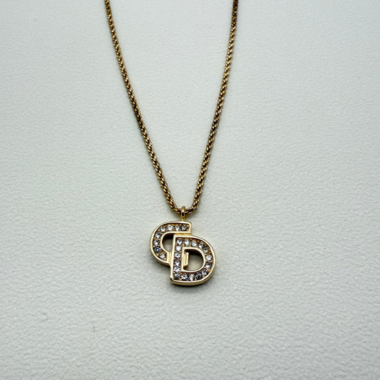 Christian Dior Vintage CD Logo with Rhinestone Golden Necklace
