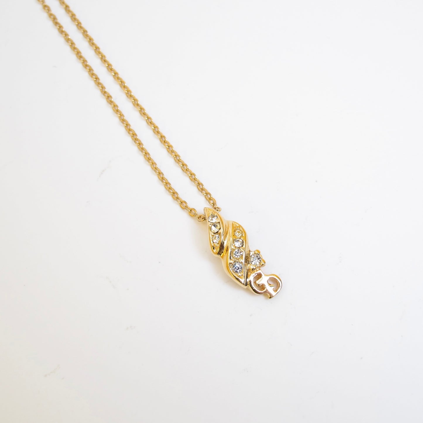 Christian Dior Vintage CD Logo and Rhinestone Pendant Golden Necklace