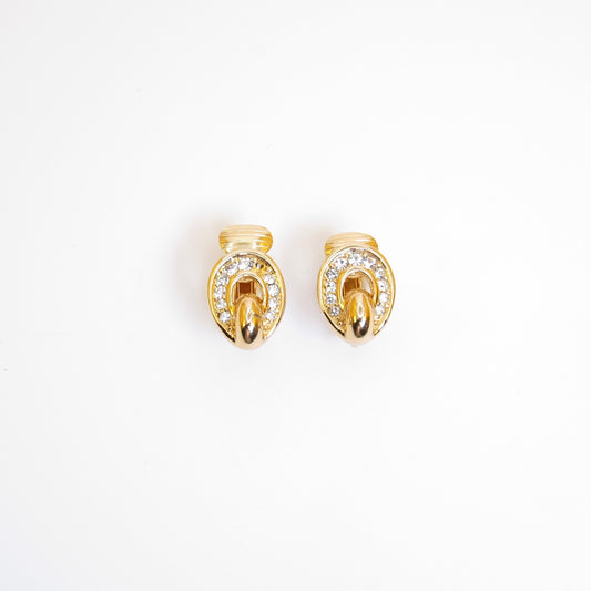 Christian Dior Vintage Oval Shape with Rhinestone Golden Clip-on Earrings