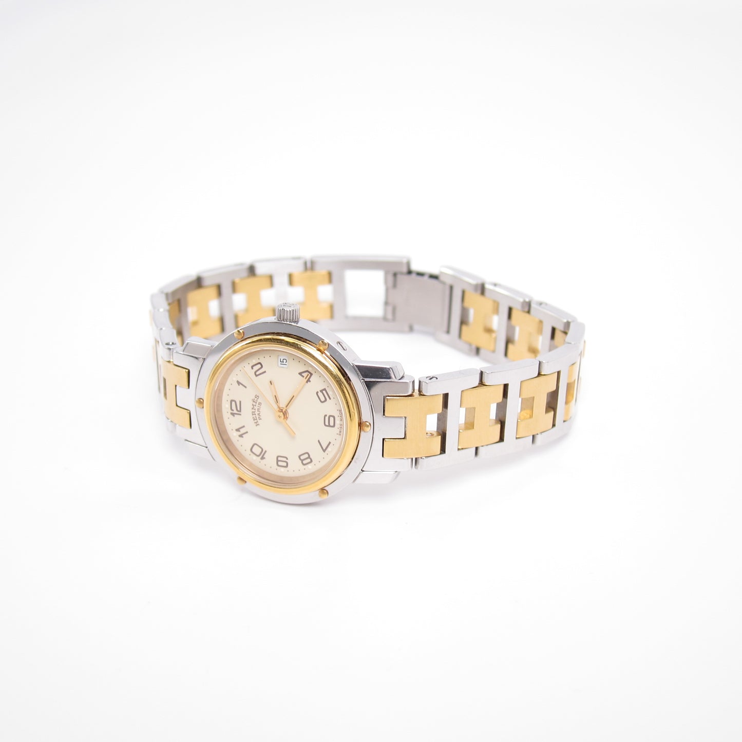 Hermes Vintage Clipper Ivory Dial with Date and H Bracelet Two Tone Watch