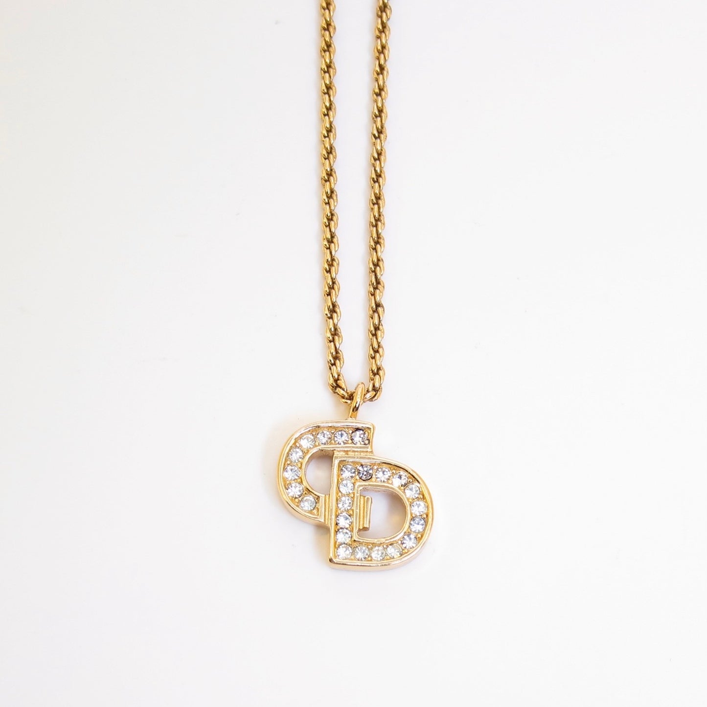 Christian Dior Vintage CD Logo with Rhinestone Golden Necklace