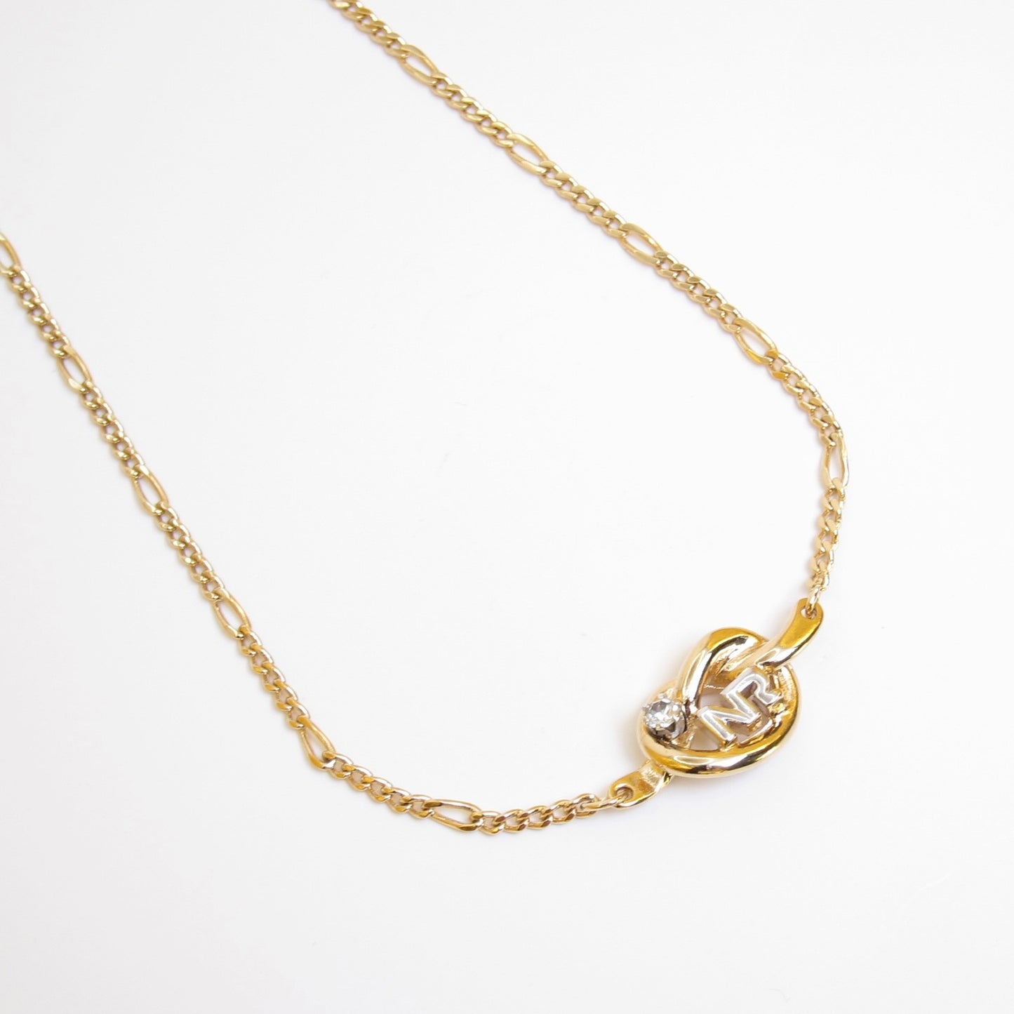 Nina Ricci Vintage NR Logo and Single Rhinestone Golden Necklace