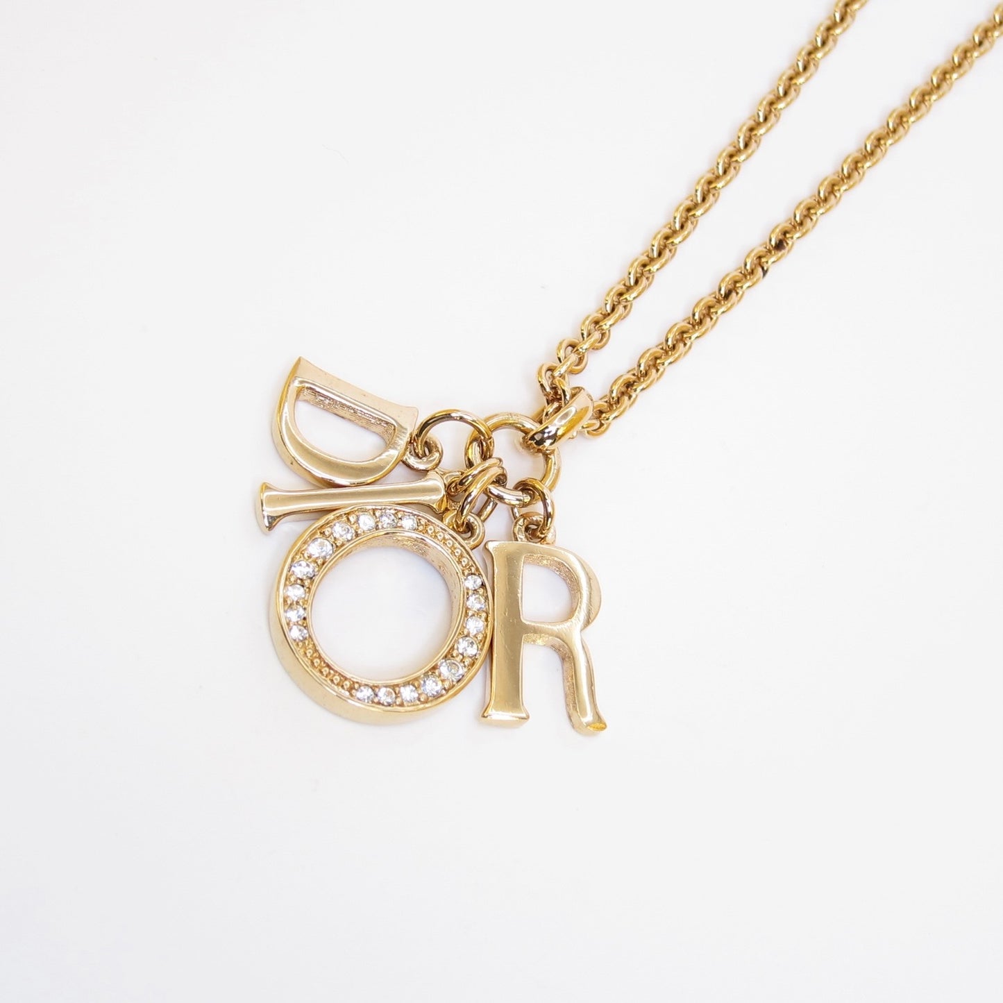 Christian Dior Vintage Dior Letter Charm with Rhinestone Golden Necklace