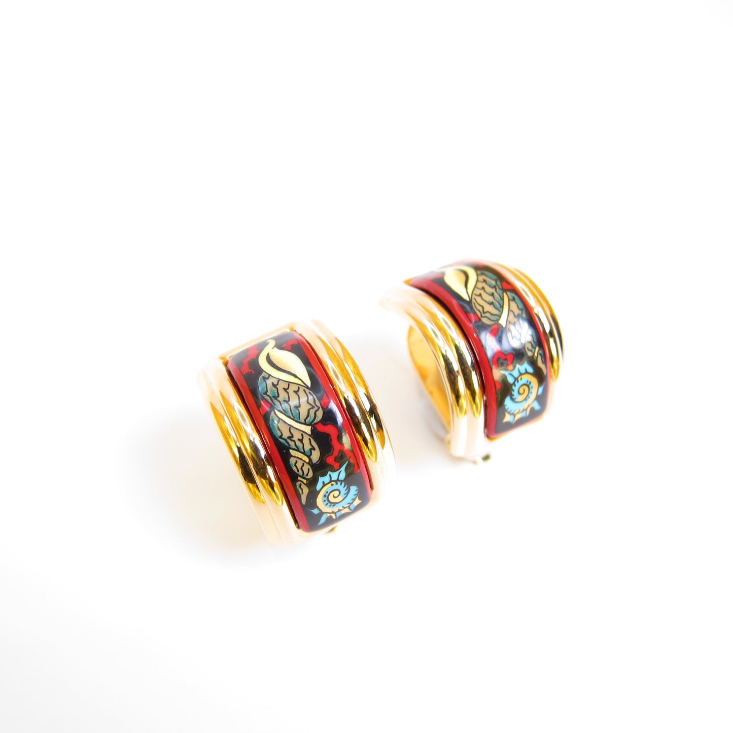 Hermes Vintage Shell Cloisonne Enamel Golden Clip-on Earrings