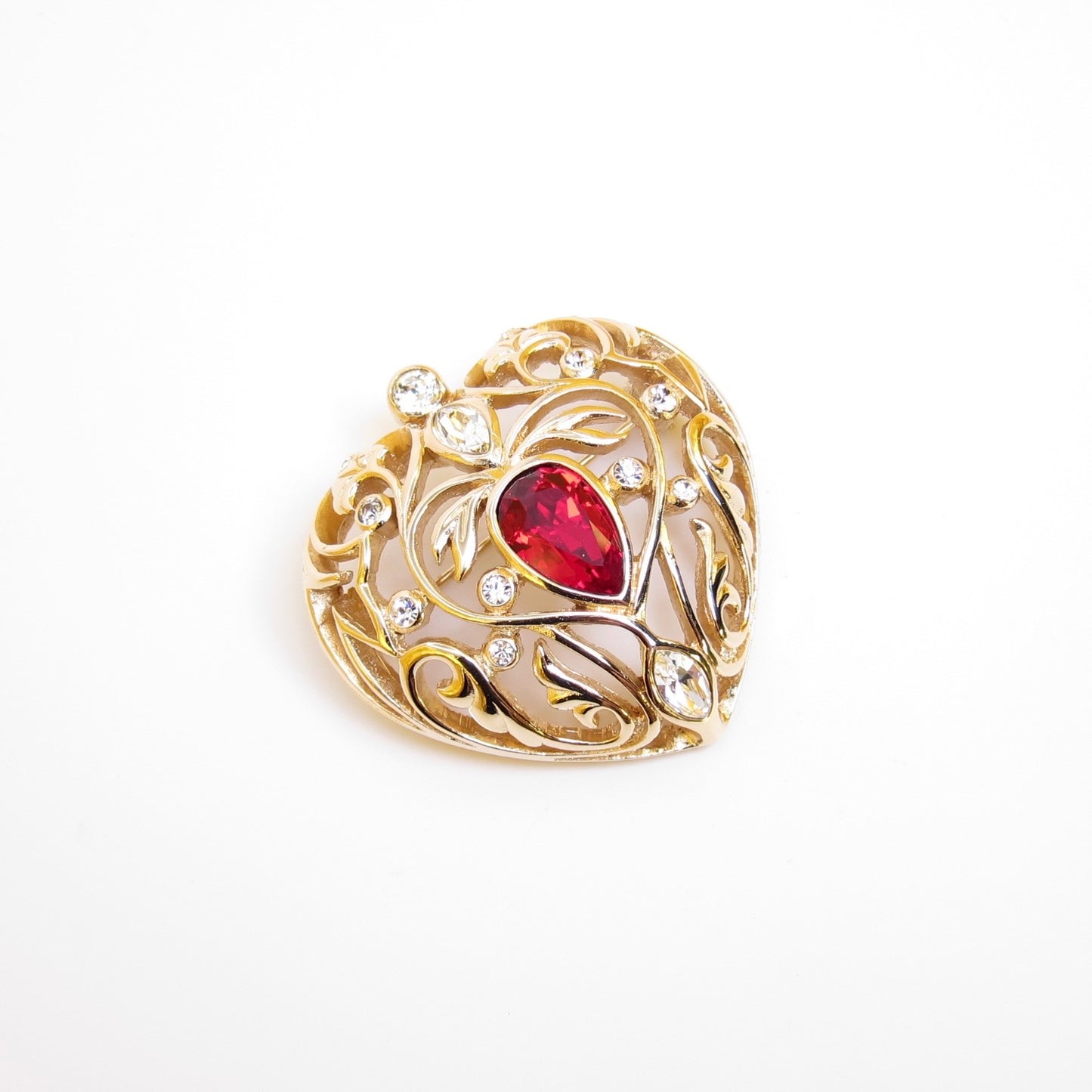 Christian Dior Vintage Heart with Red Stone and Rhinestone Golden Brooch