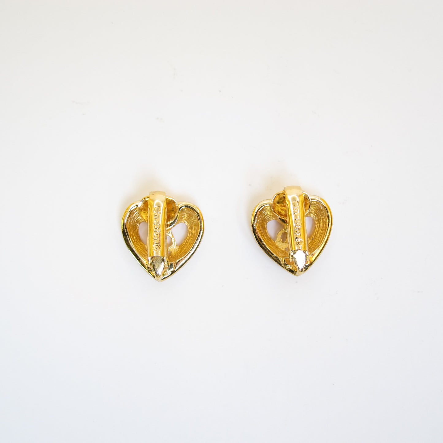 Christian Dior Vintage CD Logo in Heart with Rhinestone Golden Clip-on Earrings