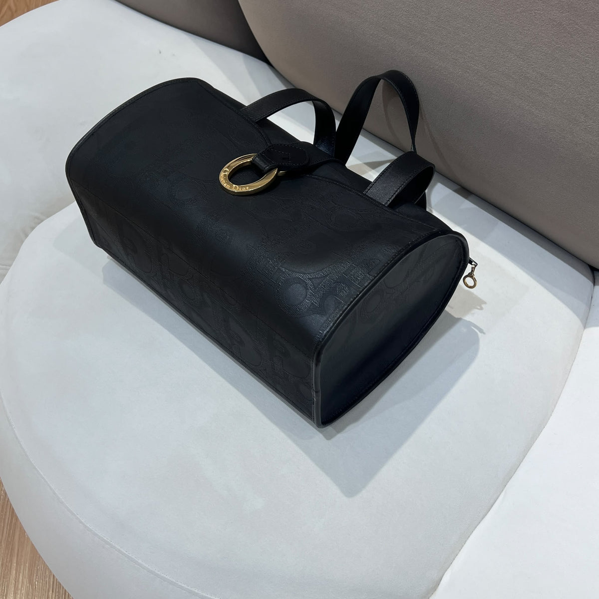 Christian Dior Vintage Black PVC Leather Gold Ring Boston Bag