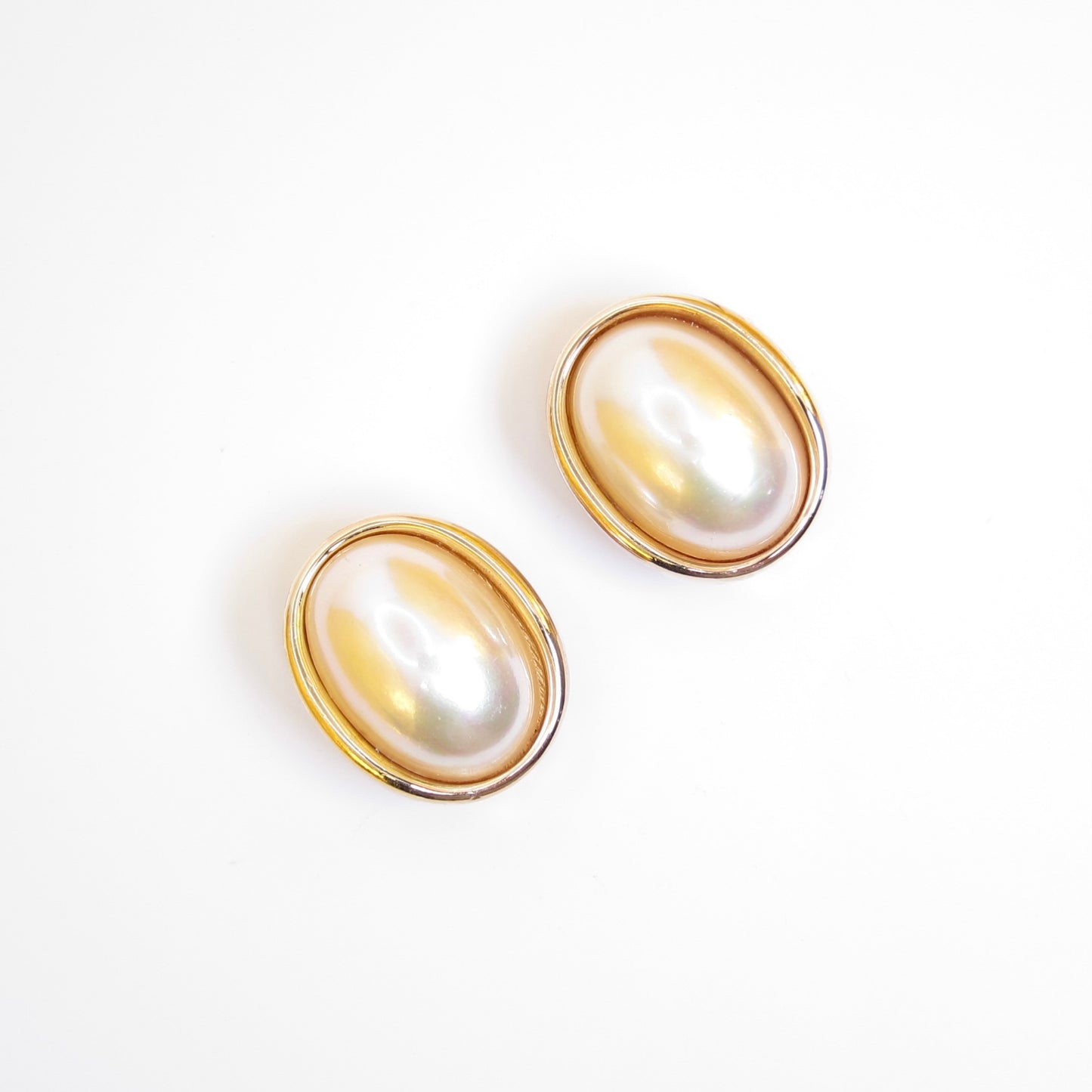 Christian Dior Vintage Oval Shaped Pearl Golden Clip-on Earrings