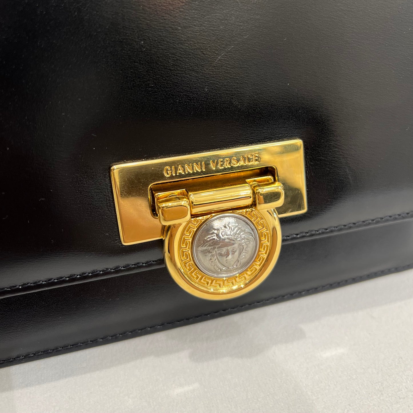 Versace Vintage Golden Buckle With Black Leather Shoulder Bag