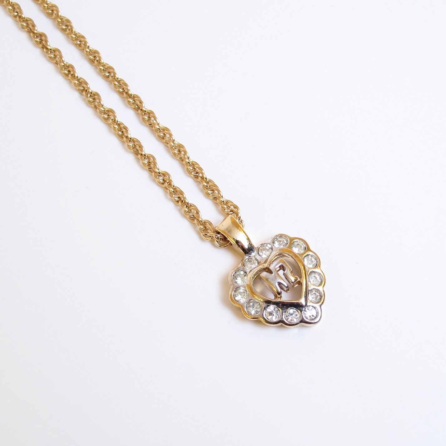 Nina Ricci Vintage NR Logo in Heart with Rhinestone Golden Necklace