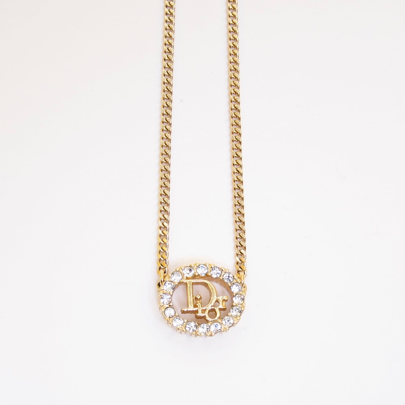 Christian Dior Vintage Dior Logo in Oval Shaped with Rhinestone Golden Necklace