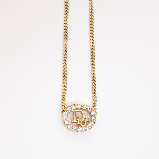 Christian Dior Vintage Dior Logo in Oval Shaped with Rhinestone Golden Necklace