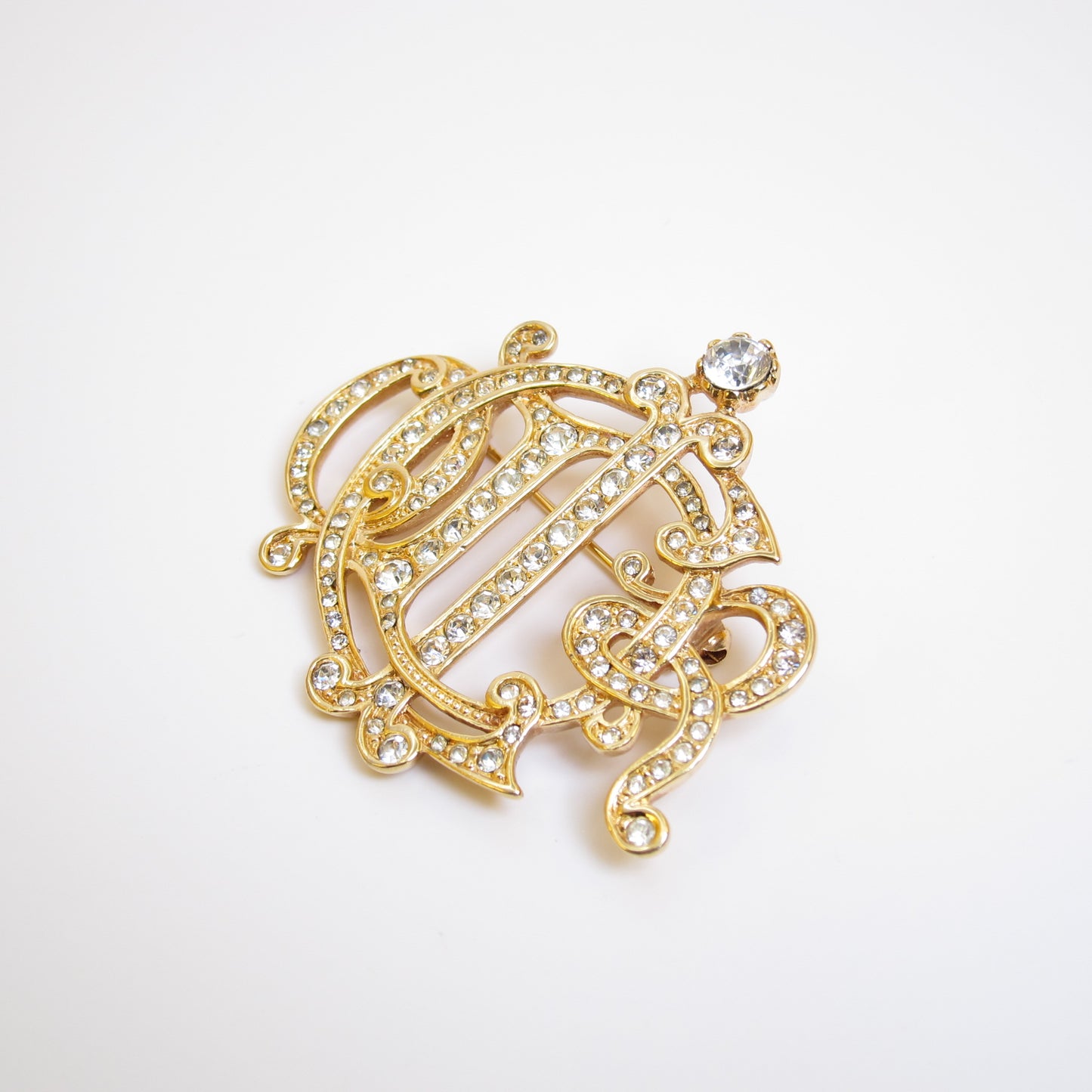 Christian Dior Vintage Dior Logo with Rhinestone Golden Brooch