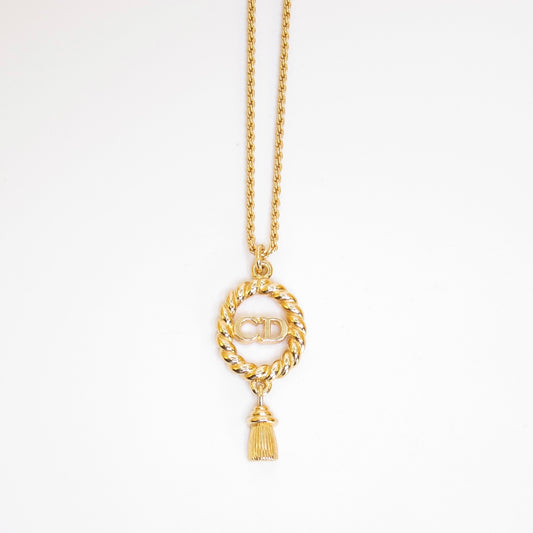 Christian Dior Vintage CD Logo Twist Rope Tassel Pendant Golden Necklace