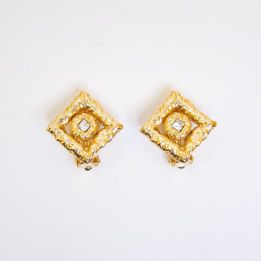 Yves Saint Laurent Vintage Rhombus with Rhinestone Golden Clip-on Earrings