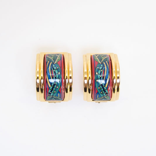 Hermes Vintage Multi Color Enamel Golden Clip-on Earrings