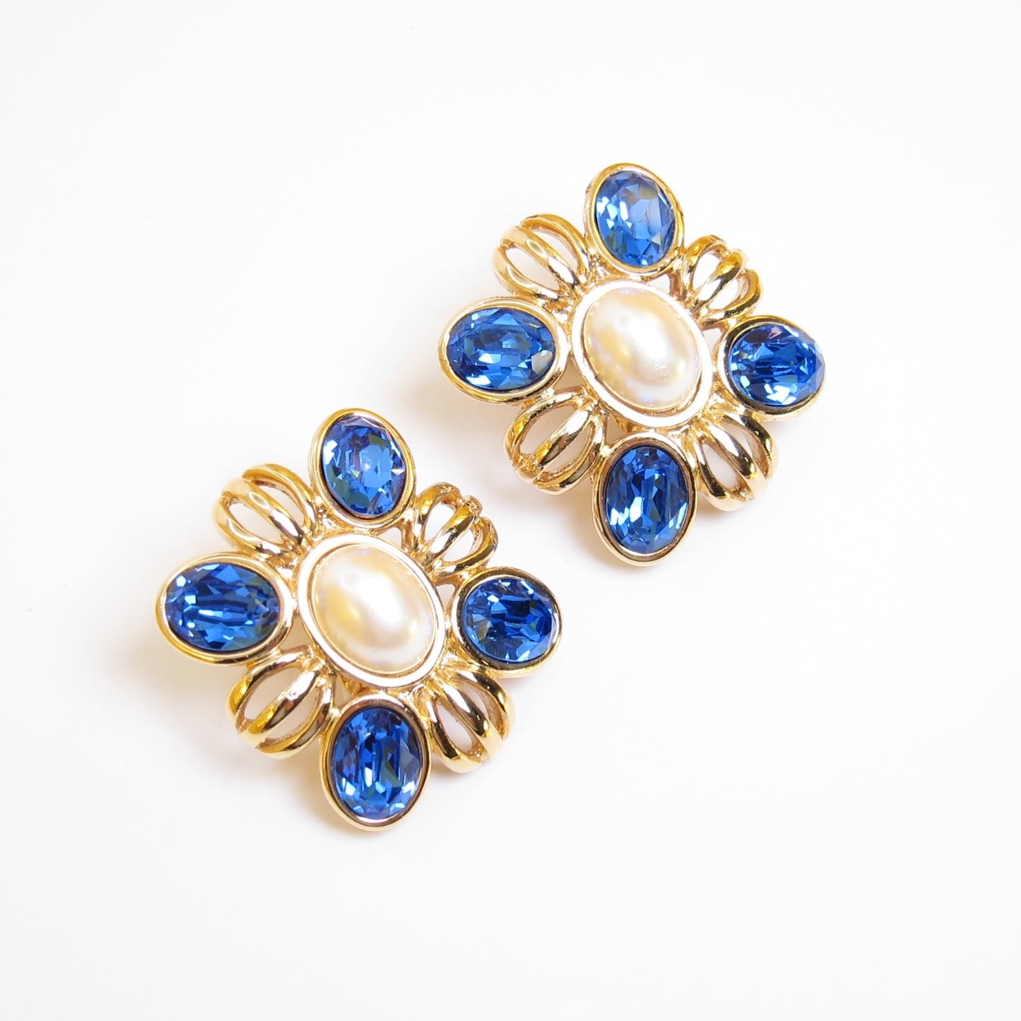 Monet Vintage Maltese Cross Blue Stone and Pearl Golden Clip-on Earrings
