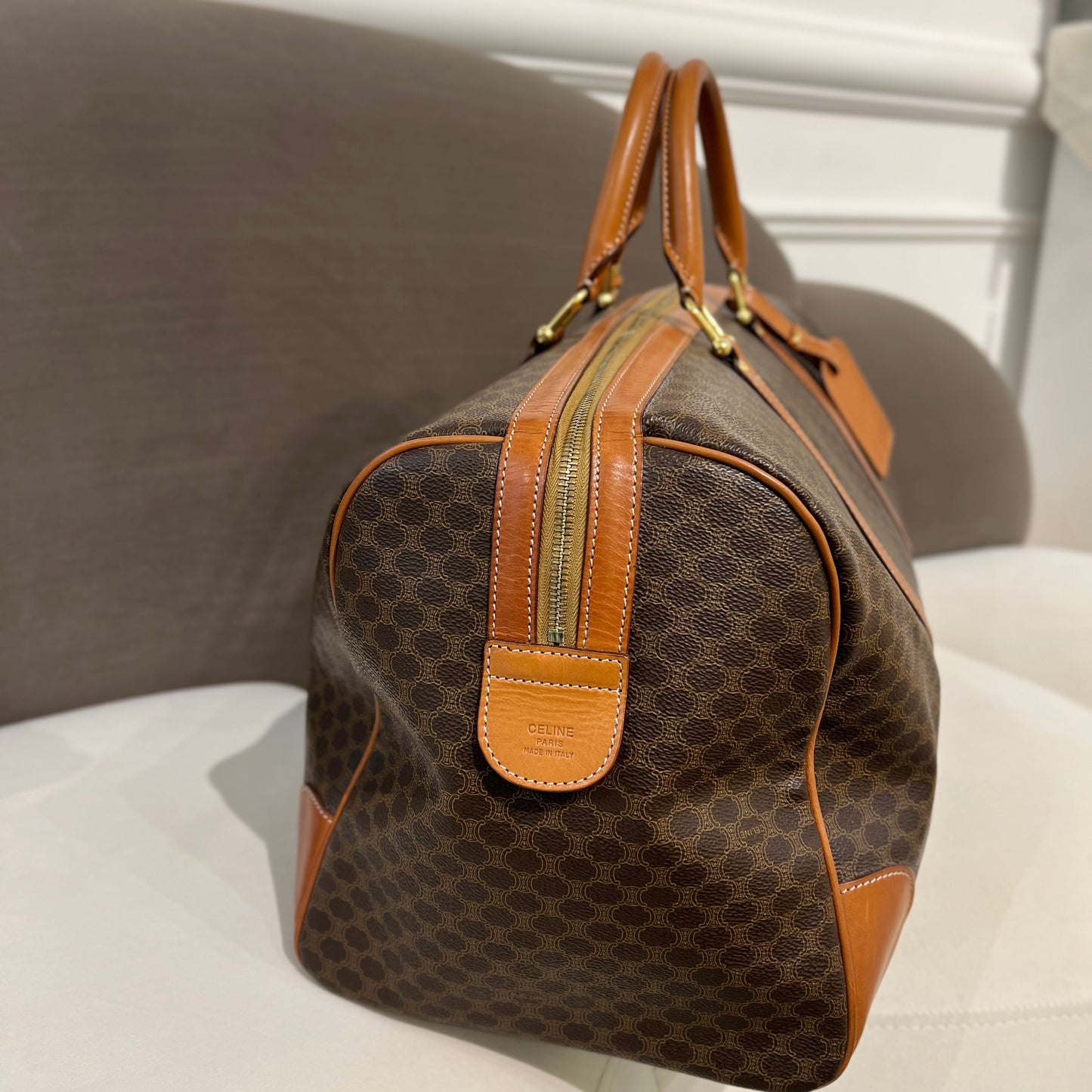 Celine Vintage Brown Color Macadam Canvas With Leather Boston Bag