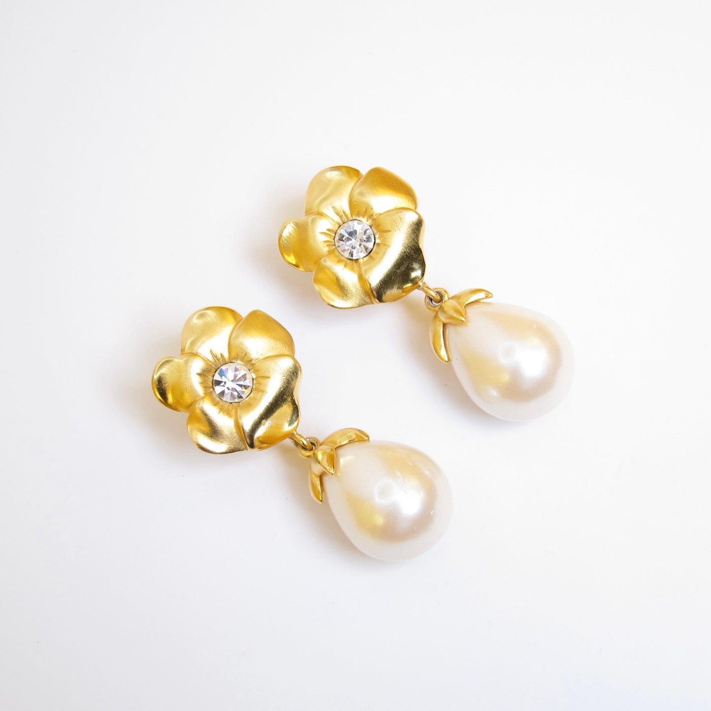Givenchy Vintage Flower with Rhinestone and Pearl Dangle Golden Clip-on Earrings