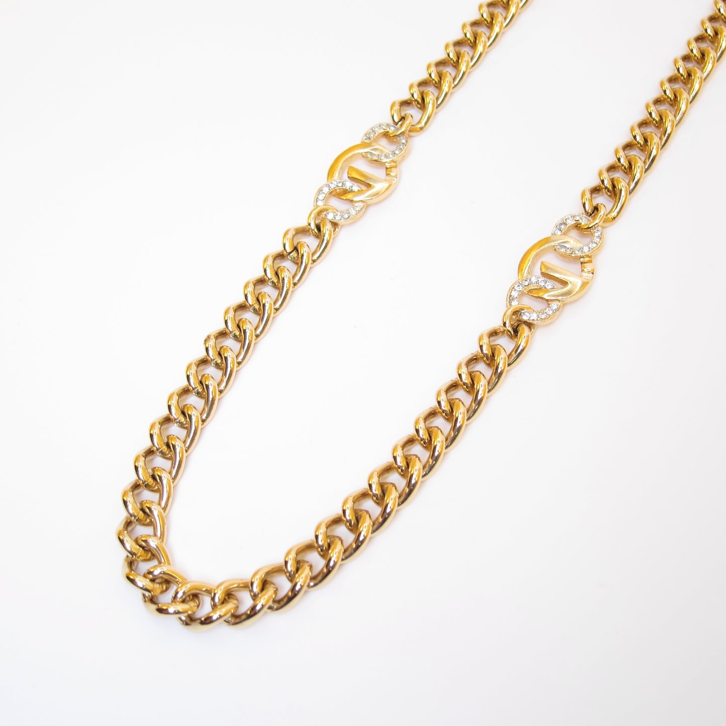 Givenchy Vintage G Logo and Rhinestone Golden Long Chain Necklace