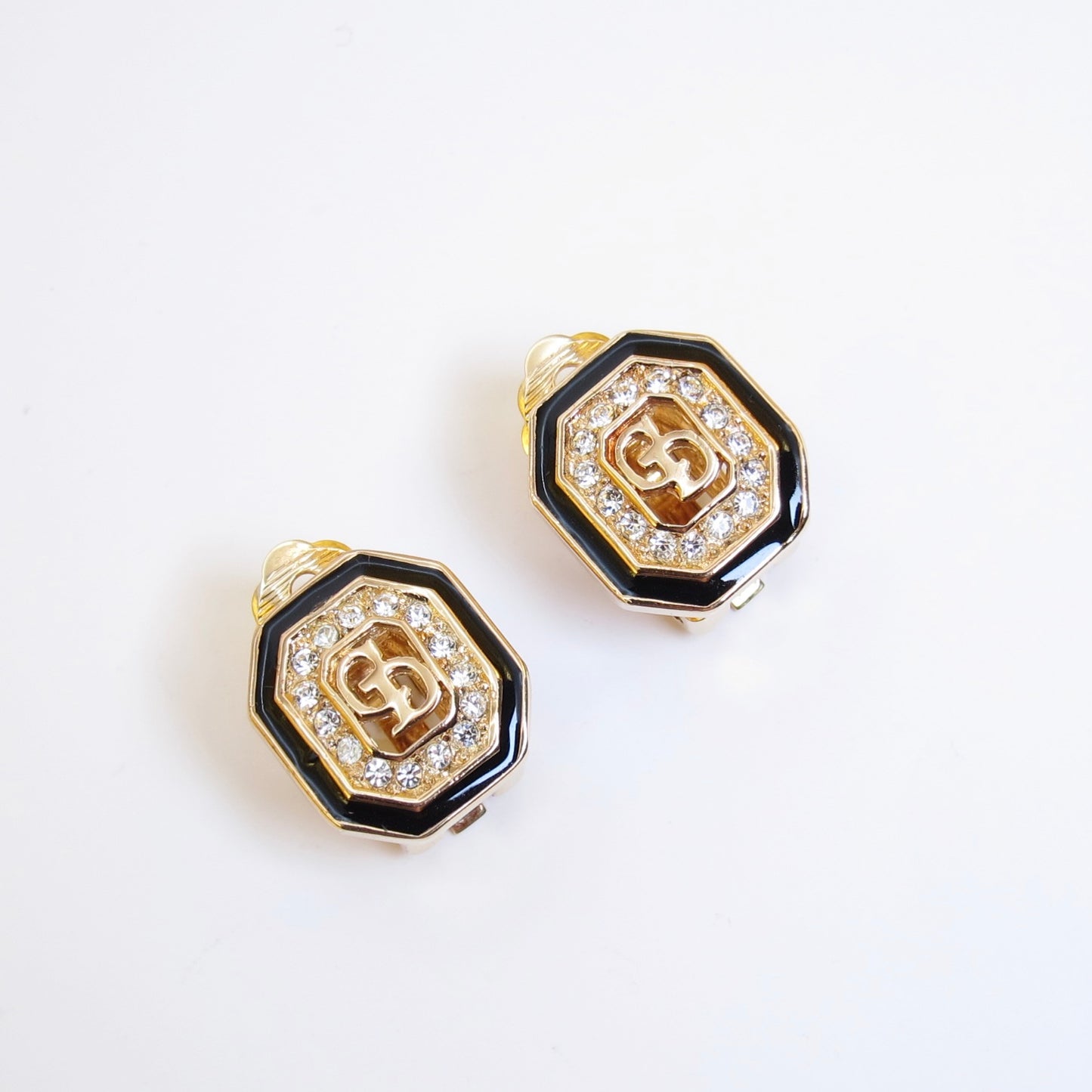 Christian Dior Vintage CD Logo in Octagon Black and Rhinestone Golden Clip-on Earrings