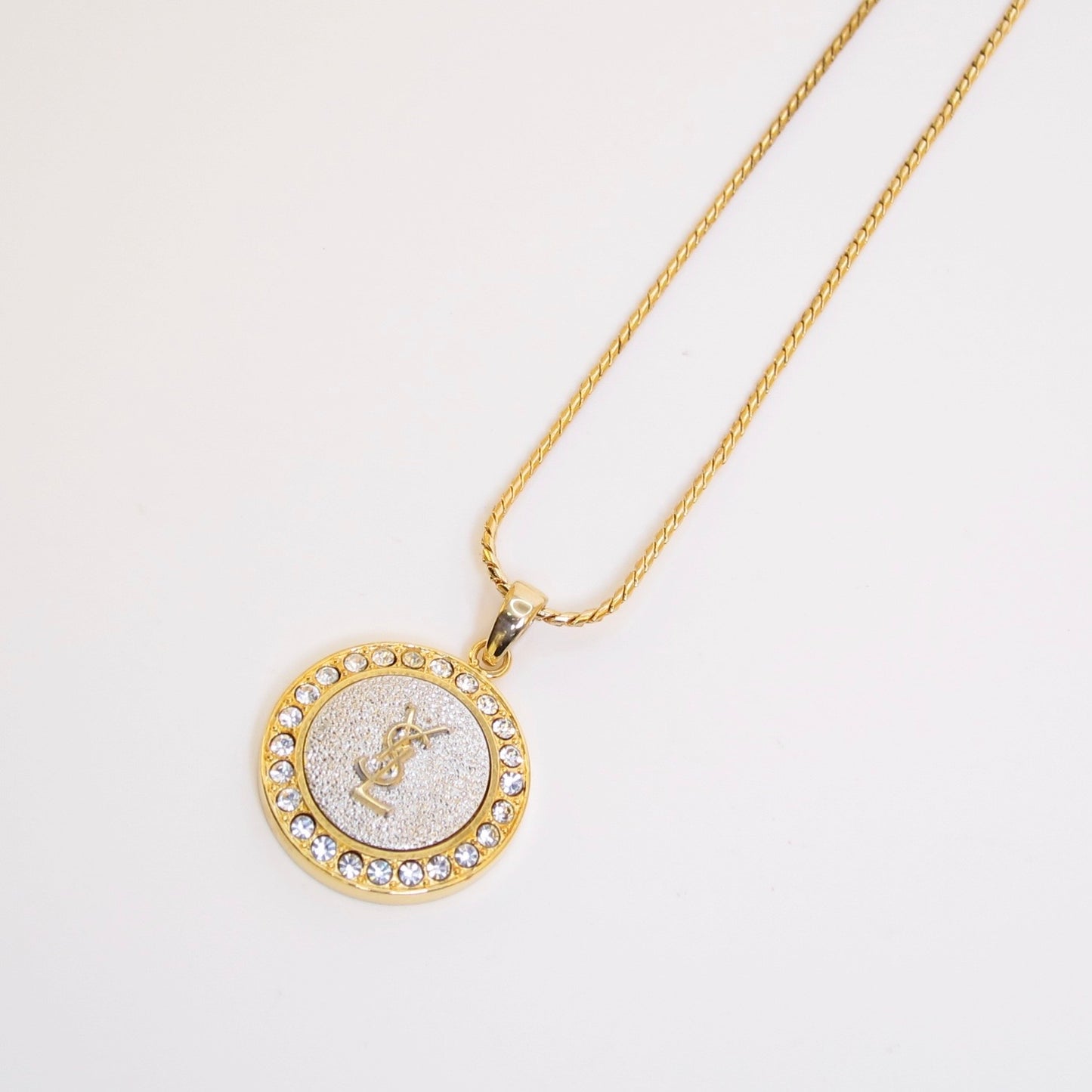 Yves Saint Laurent Vintage YSL Logo on Round Shaped with Rhinestone Golden Necklace
