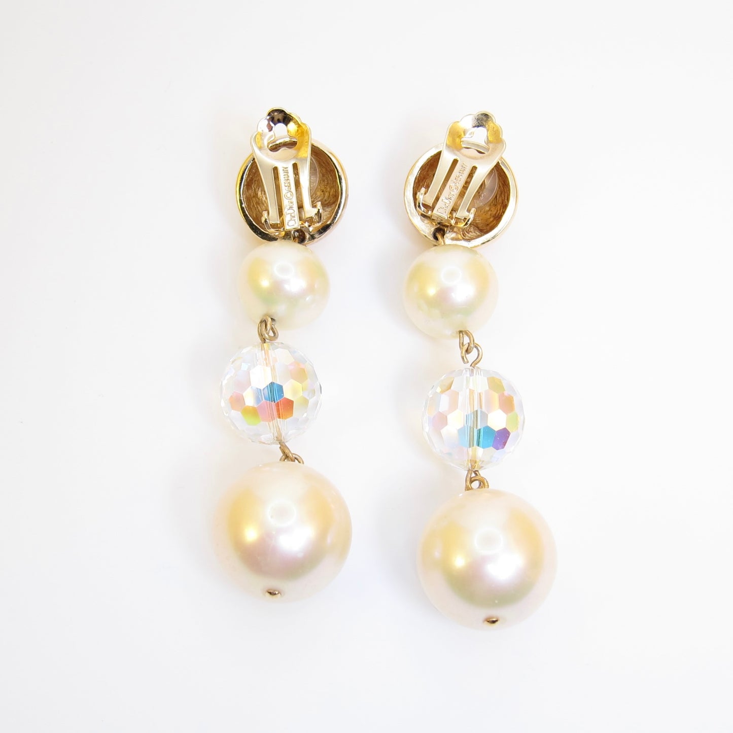 Christian Dior Vintage Pearl and Bead Dangling Golden Clip-on Earrings