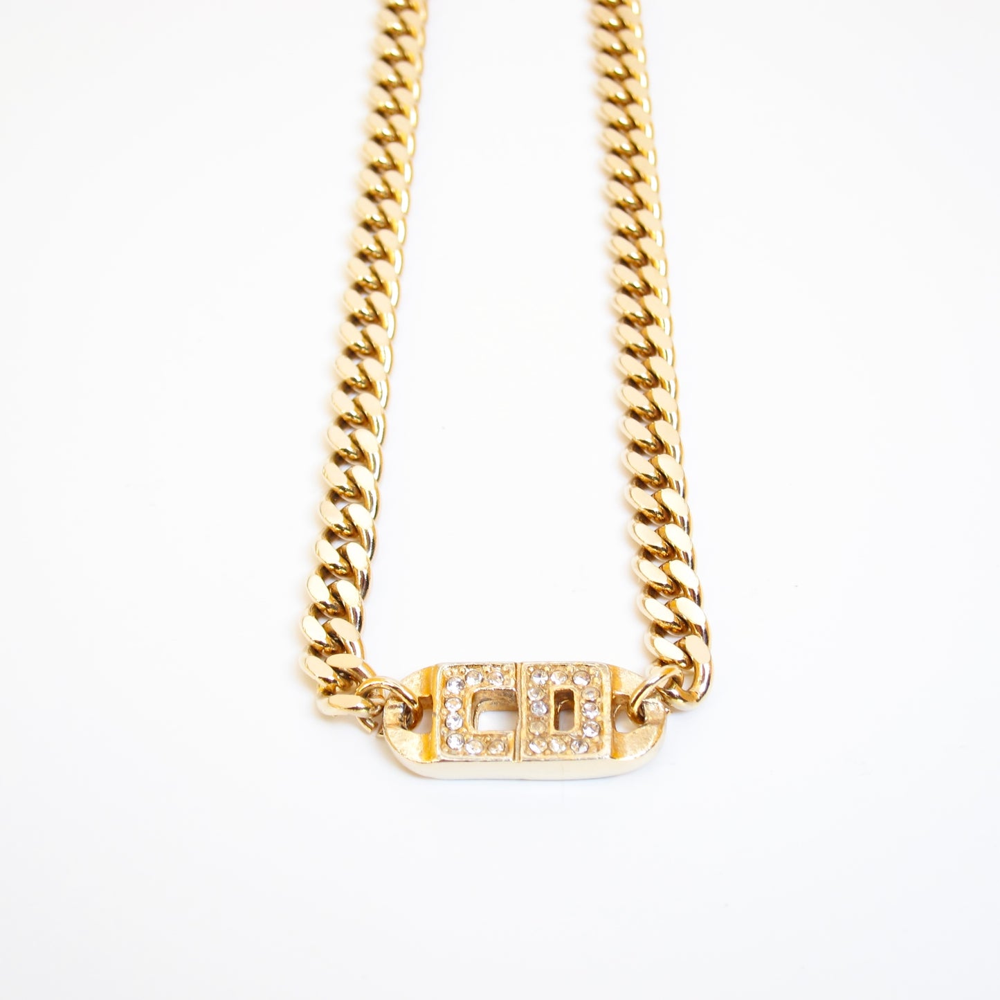 Christian Dior Vintage CD Logo with Rhinestone Golden Chain Necklace
