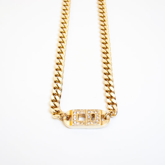 Christian Dior Vintage CD Logo with Rhinestone Golden Chain Necklace