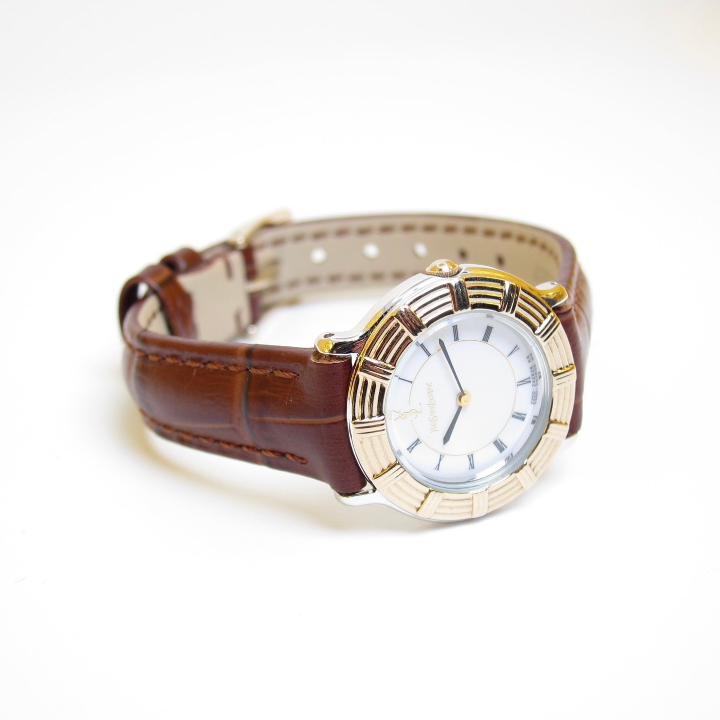 Yves Saint Laurent Vintage Round White Face with Brown Leather Strap Two Tone Watch