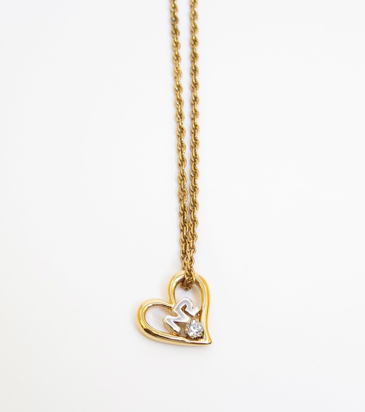 Nina Ricci Vintage NR Logo in Heart with Single Rhinestone Golden Necklace