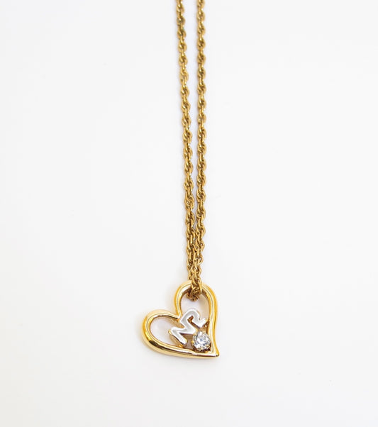 Nina Ricci Vintage NR Logo in Heart with Single Rhinestone Golden Necklace
