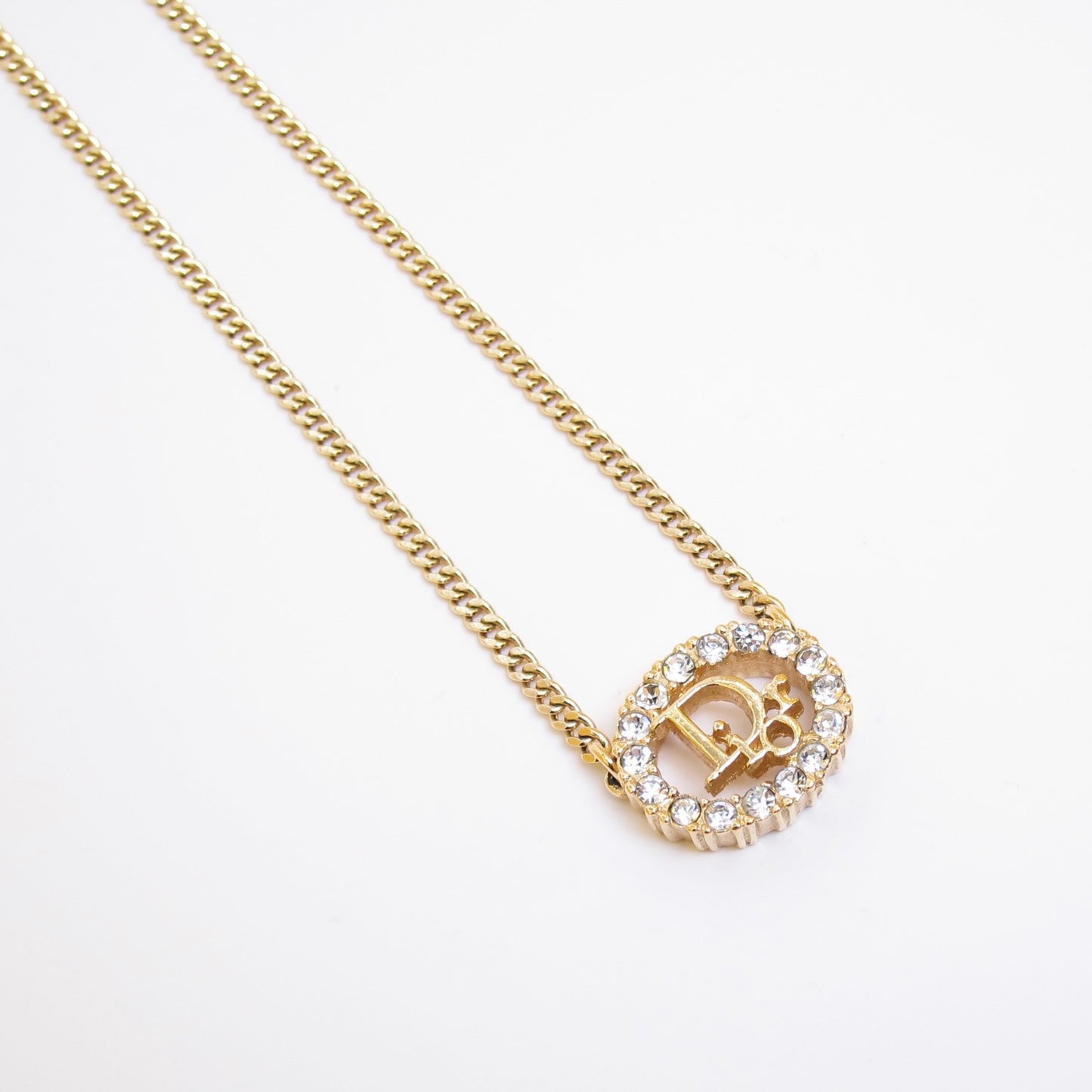 Christian Dior Vintage Dior Logo in Oval Shaped with Rhinestone Golden Necklace