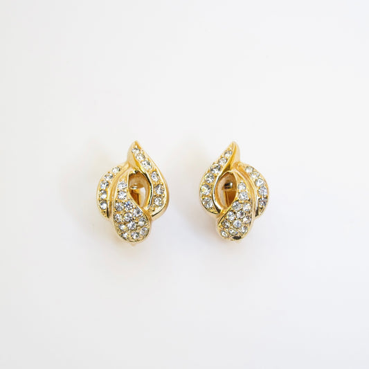 Christian Dior Vintage Stylish Rhinestone Golden Clip-on Earrings