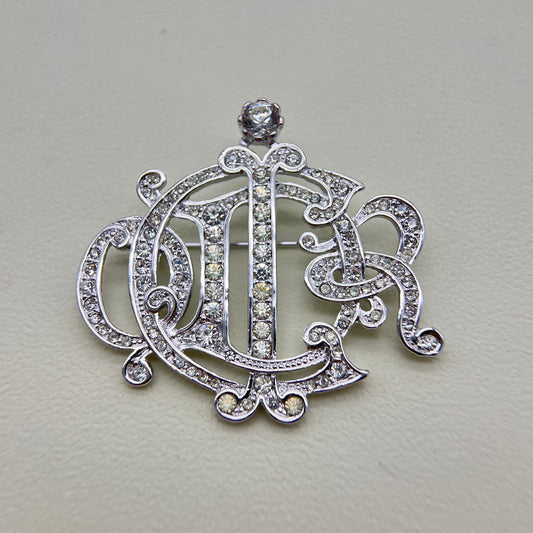 Christian Dior Vintage Dior Logo with Rhinestone Silver Brooch