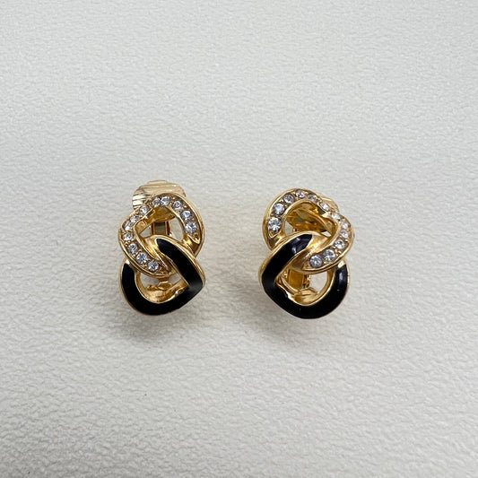 Christian Dior Vintage Link Black and Rhinestone Golden Clip-on Earrings