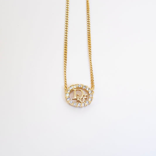 Christian Dior Vintage Dior Logo in Oval Shape with Rhinestone Golden Necklace