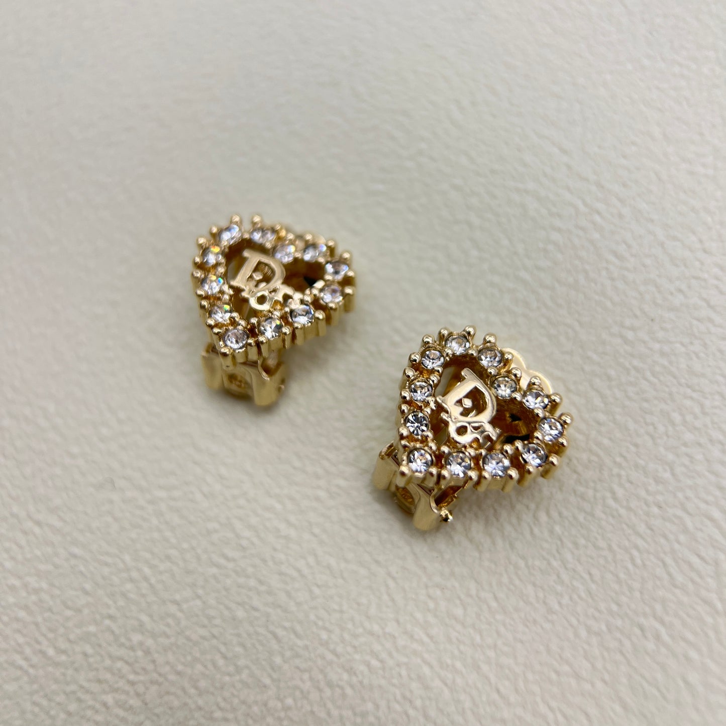 Christian Dior Vintage Dior Logo in Heart Shape with Rhinestone Golden Clip-on Earrings