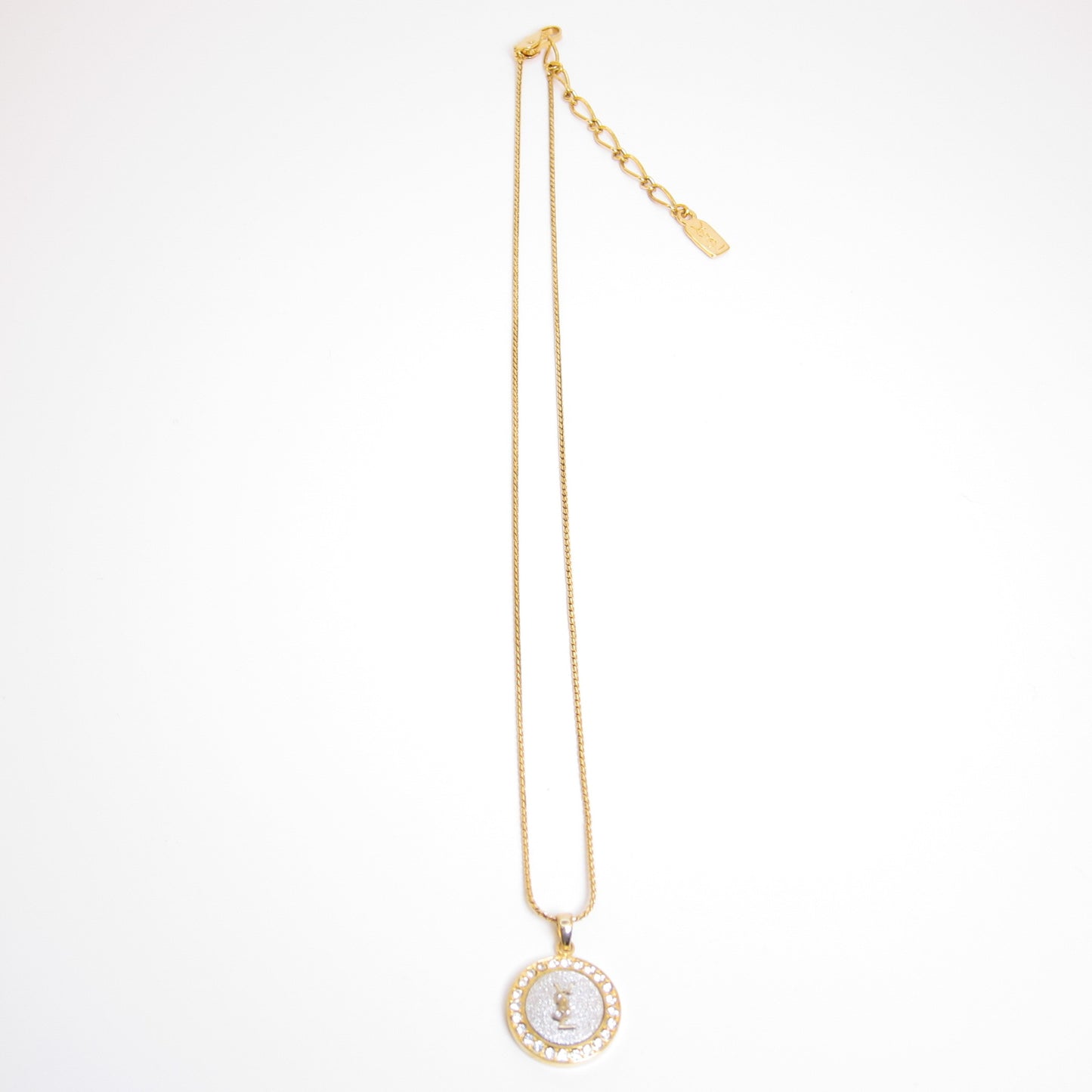 Yves Saint Laurent Vintage YSL Logo on Round Shaped with Rhinestone Golden Necklace