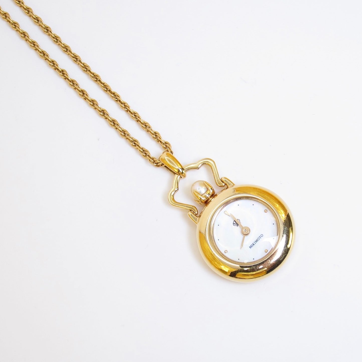Mikimoto Vintage Shell Pearl Face and Pearl Golden Pocket Watch Pendant Necklace