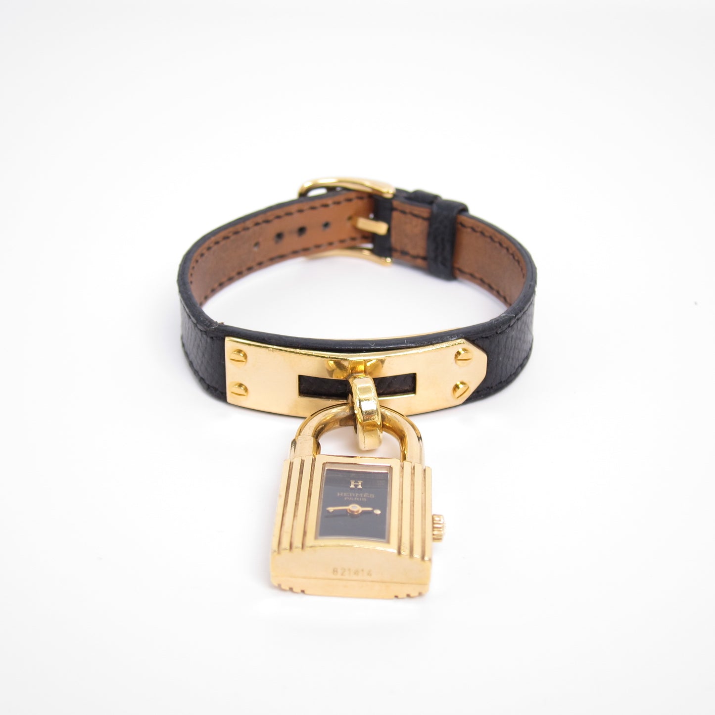 Hermes Vintage Black Face Kelly Watch with Leather Strap