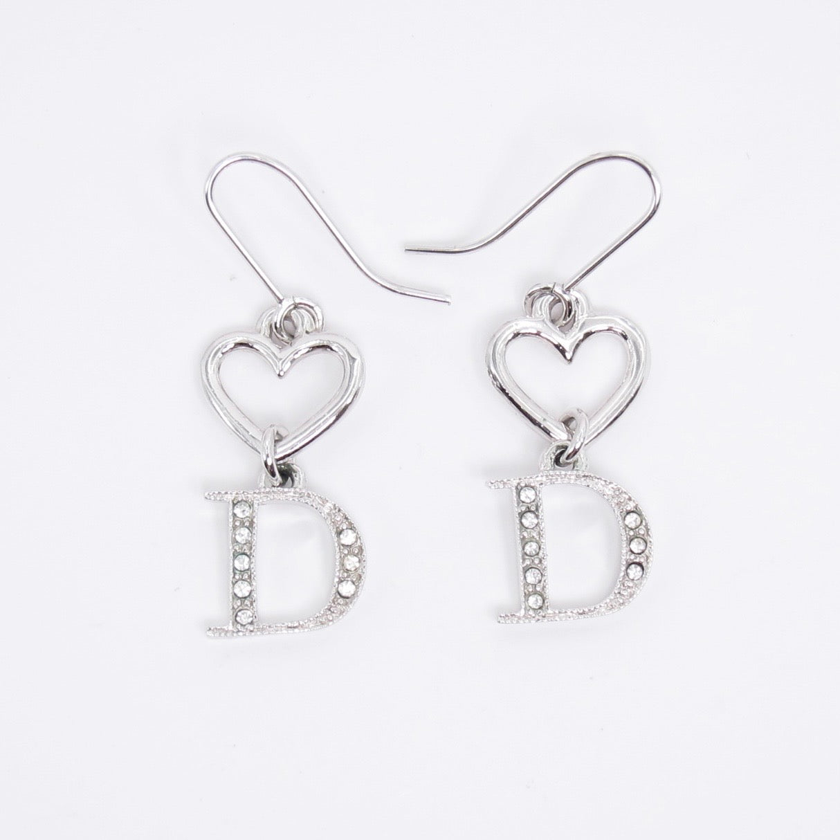 Christian Dior Vintage Heart and D Logo with Rhinestone Silver Drop Earrings