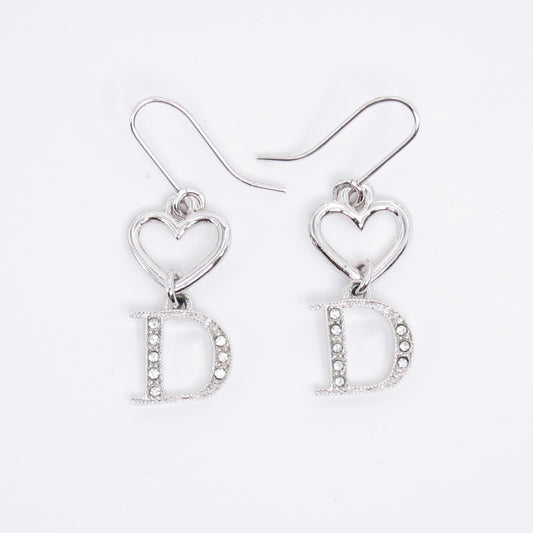 Christian Dior Vintage Heart and D Logo with Rhinestone Silver Drop Earrings