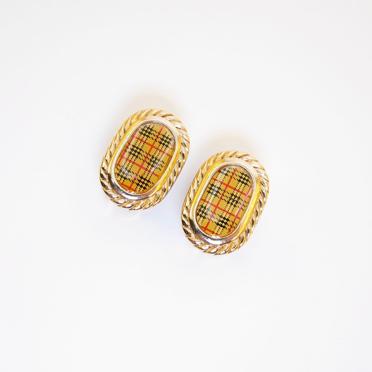 Burberry Vintage Oval Shape Check Golden Clip-on Earrings