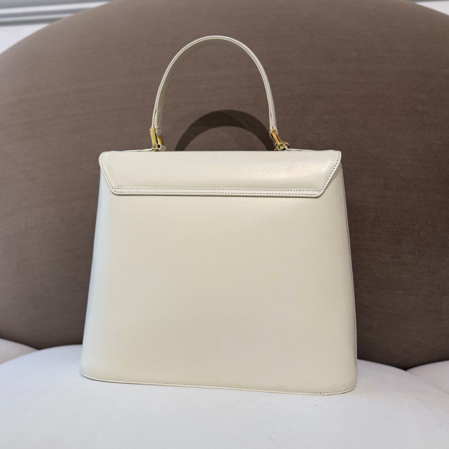 Yves Saint Laurent Vintage White Leather With Golden Logo Charm Top Handle Handbag